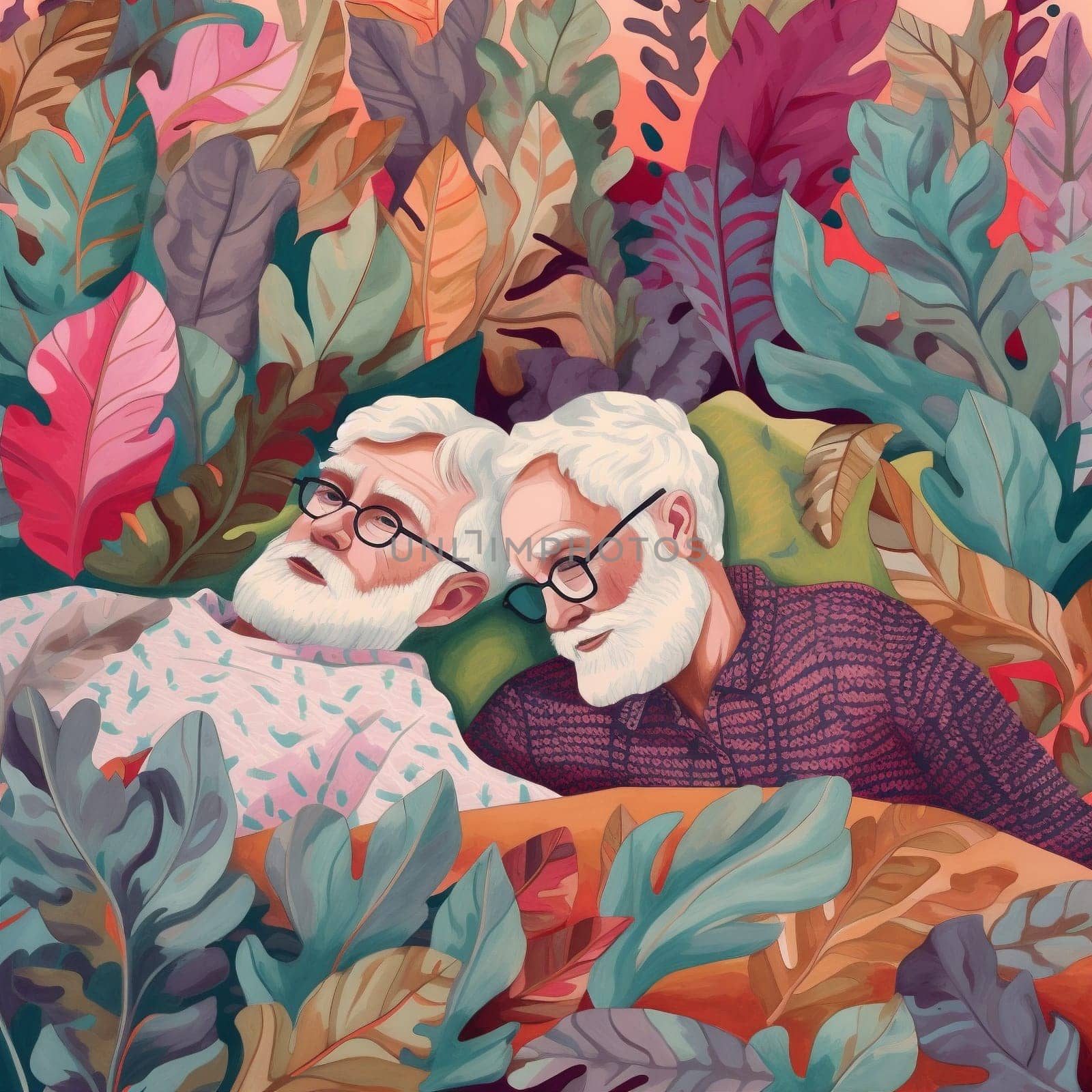 woman man old retired together relax couple person bed asleep happy love. Generative AI. by Vichizh