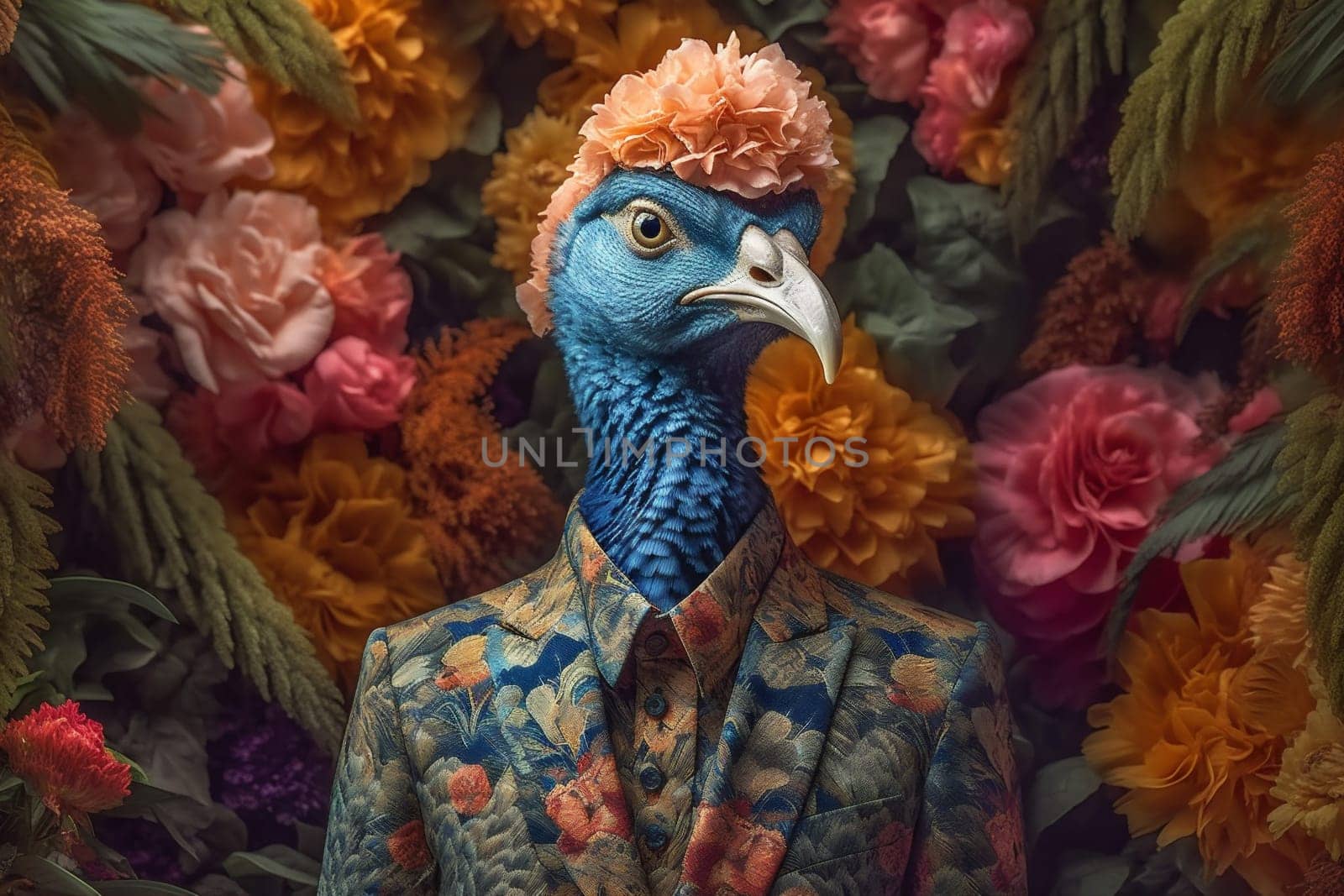 woman bird feathers face young fashion glamour peacock jungle beautiful beauty. Generative AI. by Vichizh
