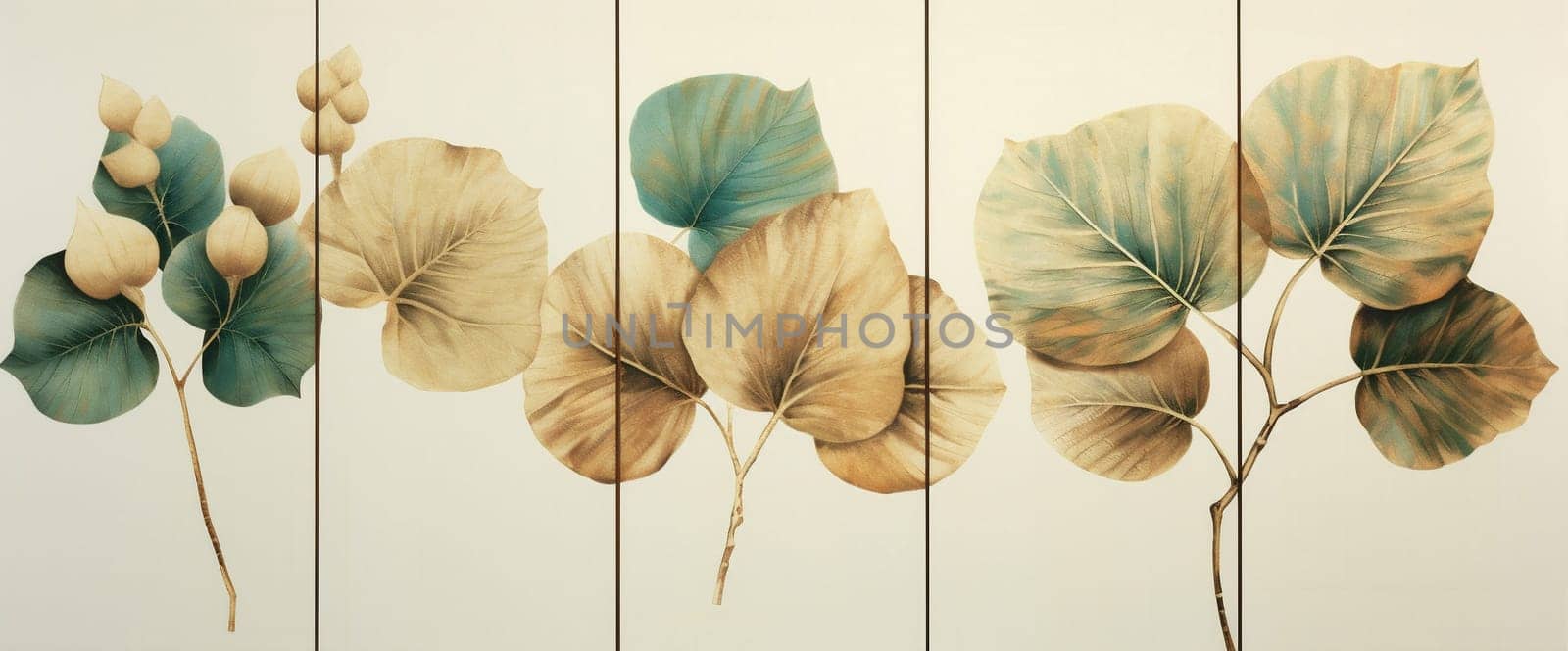 trend minimal foliage art leaf texture green flower background wallpaper illustration tropical pattern jungle nature black colourful design gold template natural. Generative AI.