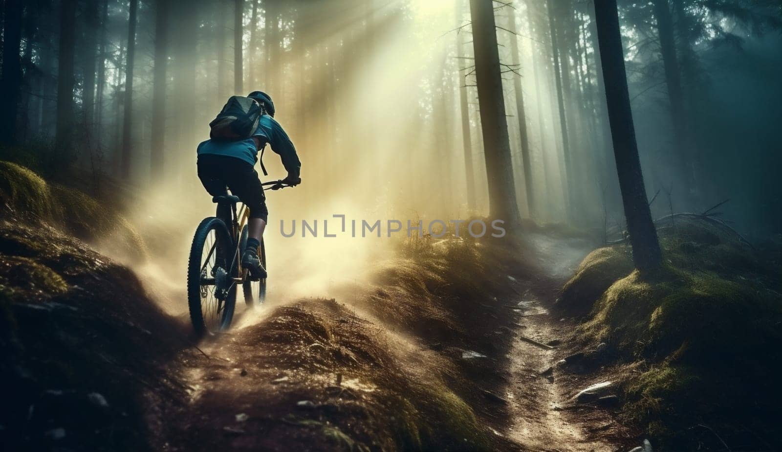 woman bicycle sport forest dark sunset cycling bike walking summer bike mountain. Generative AI. by Vichizh