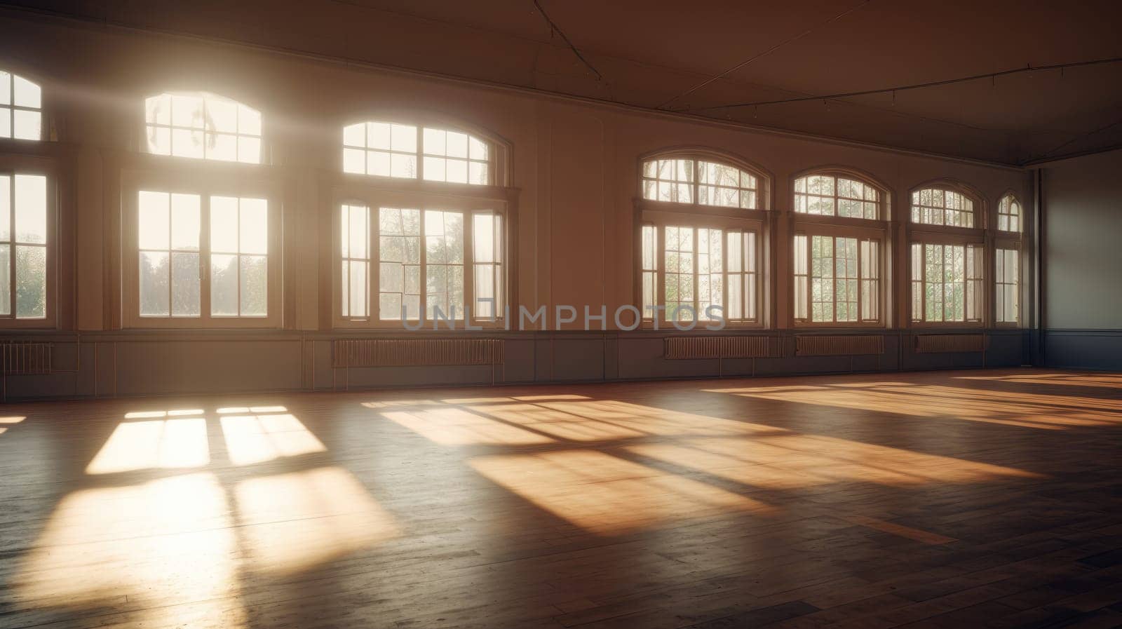 Empty classical dance hall with mirror, sunlight from windows. Ballet class. AI