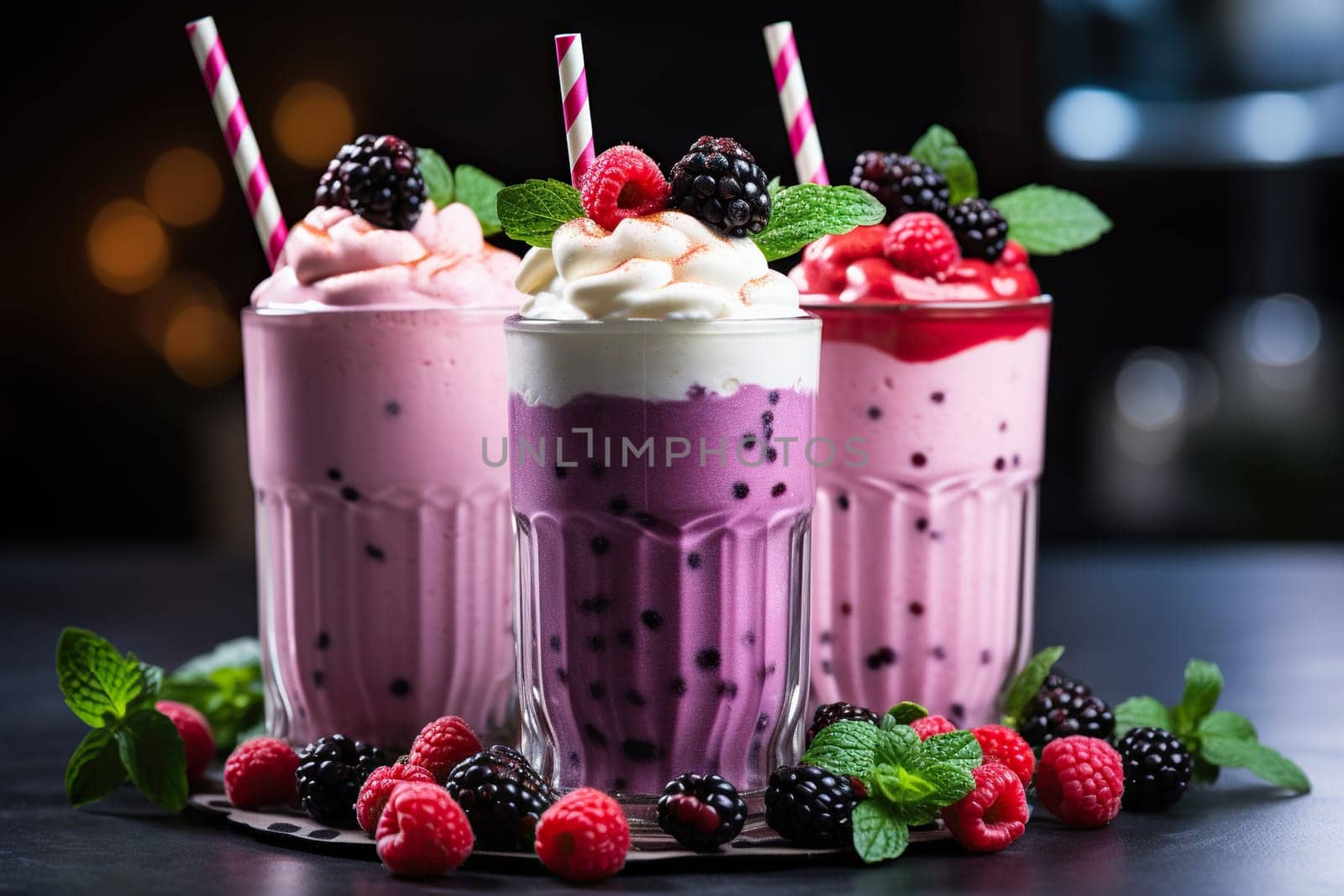 Three tasty fresh milk shakes with berries and mint on black table.