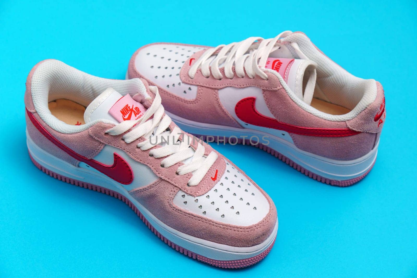 Tyumen, Russia-August 10, 2023: Nike Air Force 1 Valentines Day. Close up logo