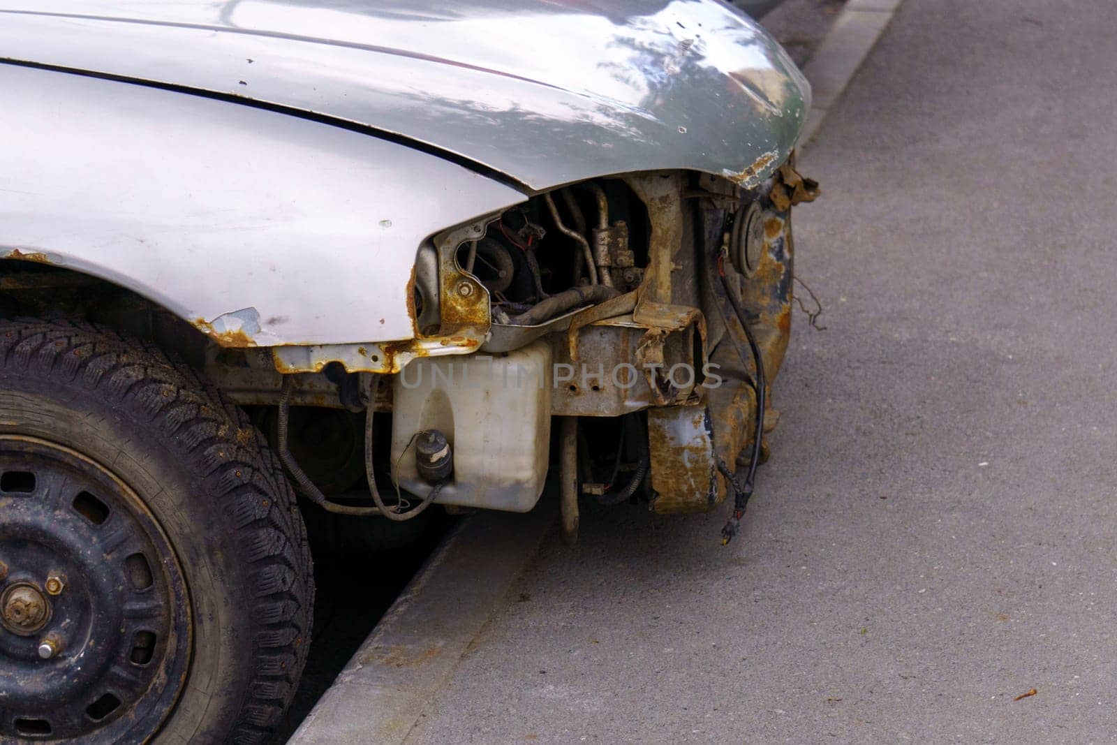 Many wrecked car after traffic accident crash at restore service maintenance. Selective focus