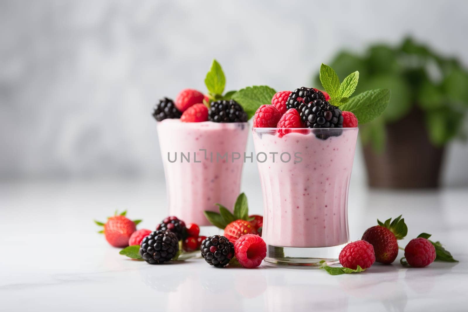 Two milk berry smoothies with berries and mint on white table.