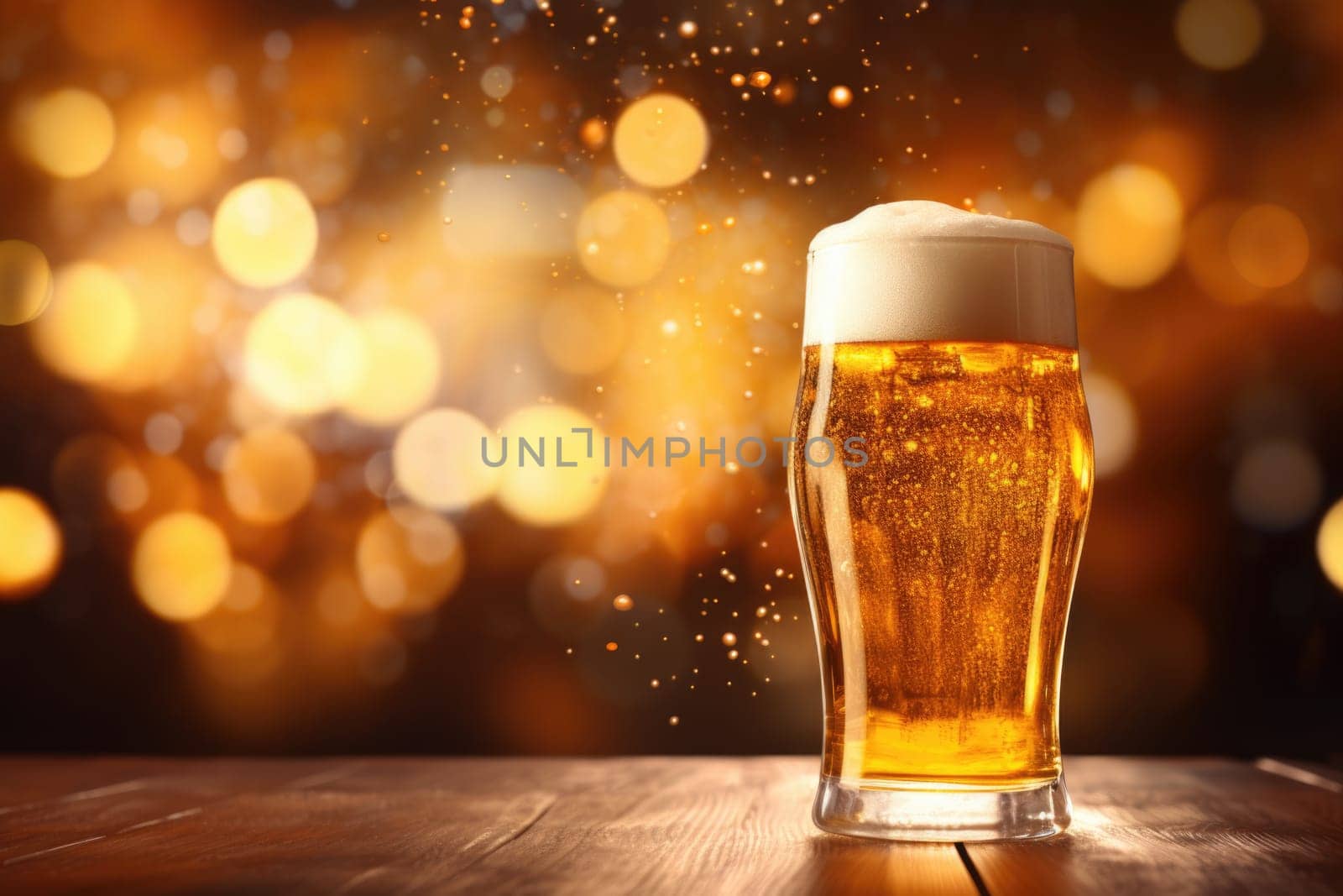 A glass of beer with a foam on a wooden tabletop on a blurred background.