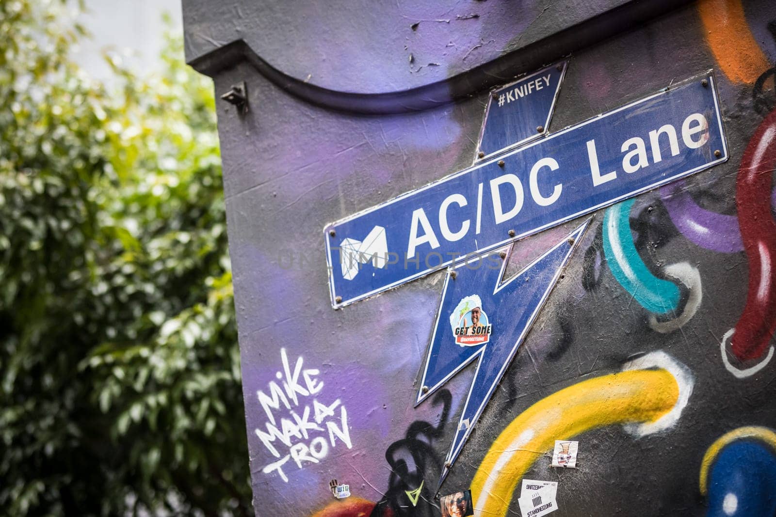 MELBOURNE, AUSTRALIA - MARCH 26, 2023 - Architectural details in Melbourne's AC/DC Lane on a cloudy overcast day in Melbourne, Victoria, Australia