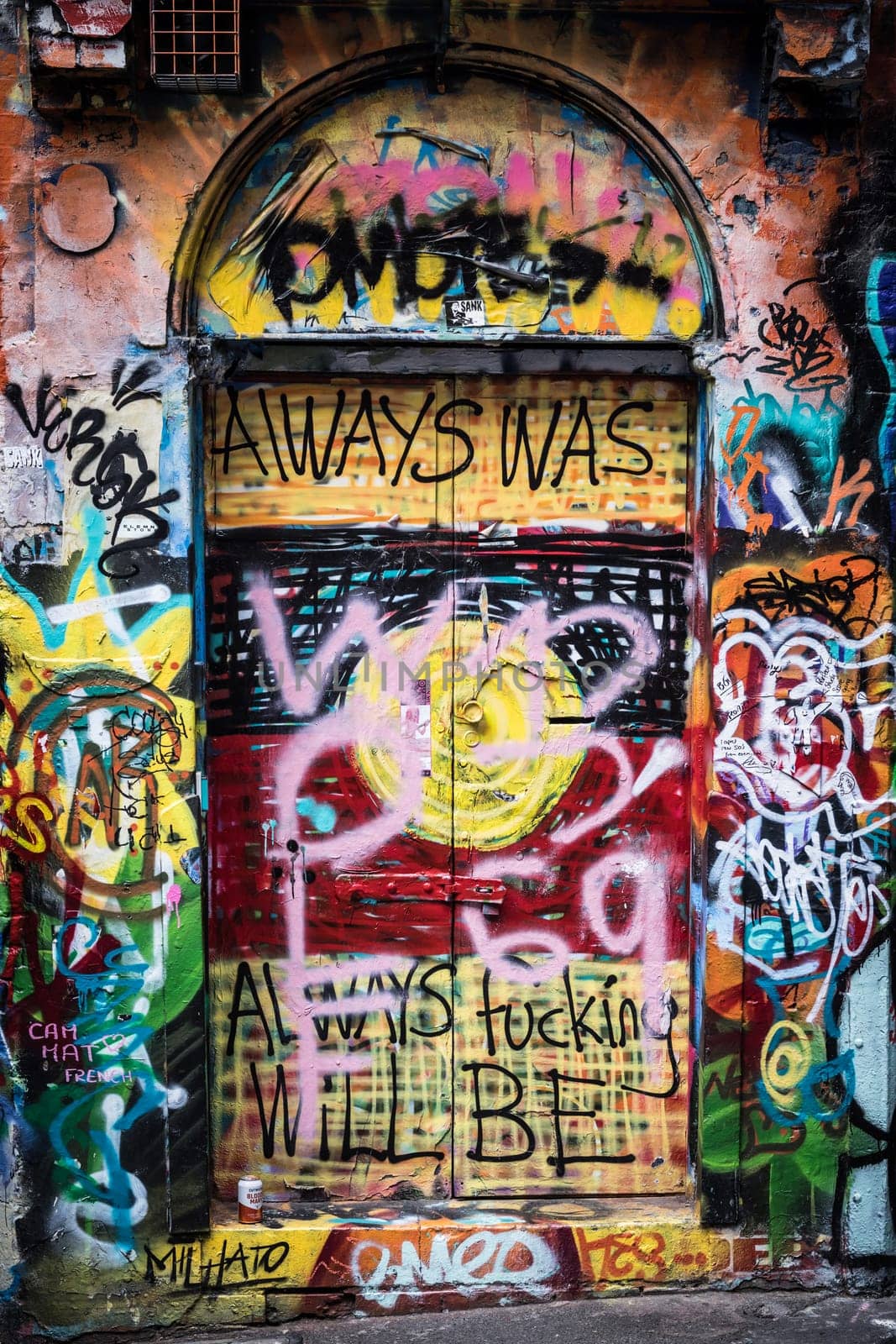 MELBOURNE, AUSTRALIA - MARCH 26, 2023 - Architectural details in Melbourne's Hosier Lane on a cloudy overcast day in Melbourne, Victoria, Australia