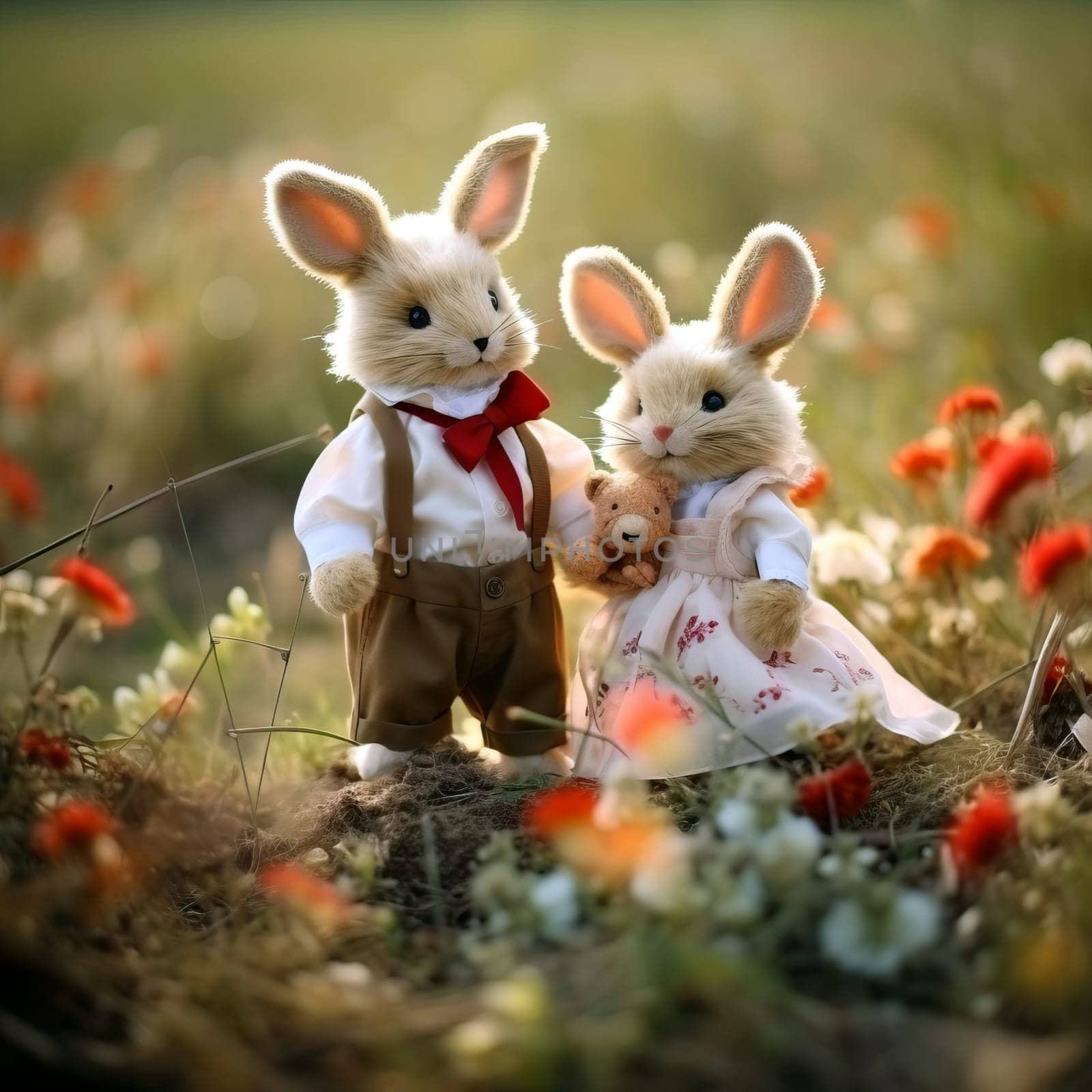 Greeting card, Valentine's Day. Toy loving bunnies in retro clothes on a field among flowers. AI generated.