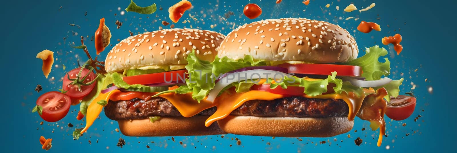 two hamburgers flying on blue background, neural network generated photorealistic image by z1b