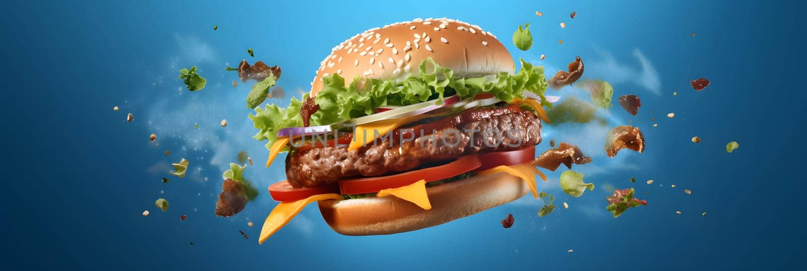 hamburger flying on blue background. Neural network generated in May 2023. Not based on any actual scene or pattern.