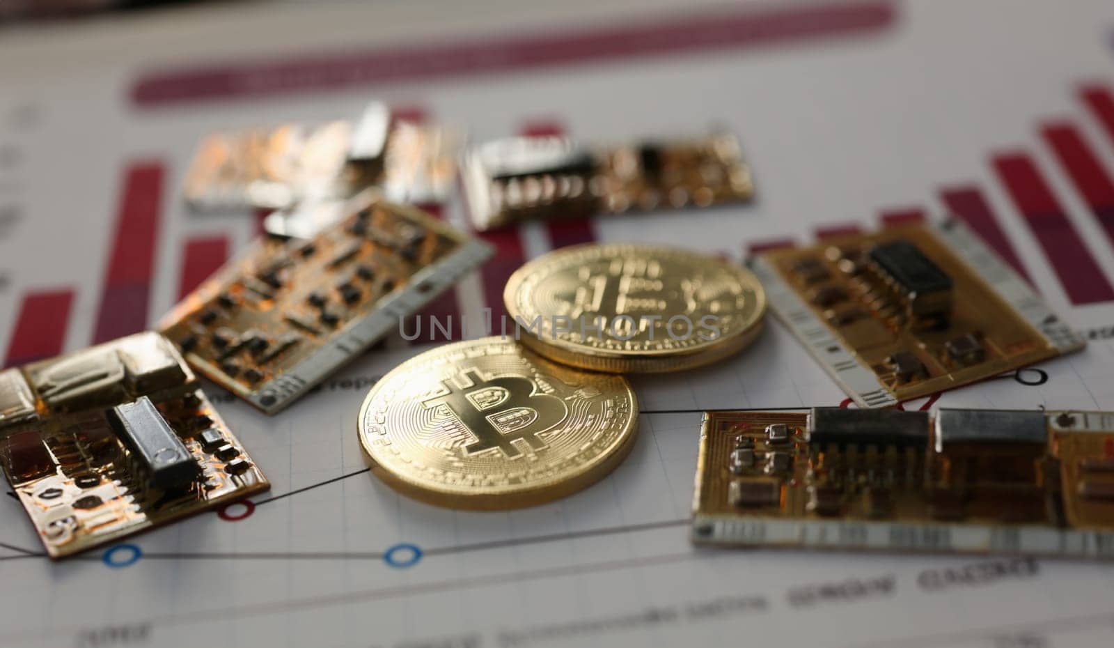 Coin crypto currency bitcoin against the background of a changing chart subject gold exchange pyramid. For money in connection with the growth or fall exchange rate closeup.