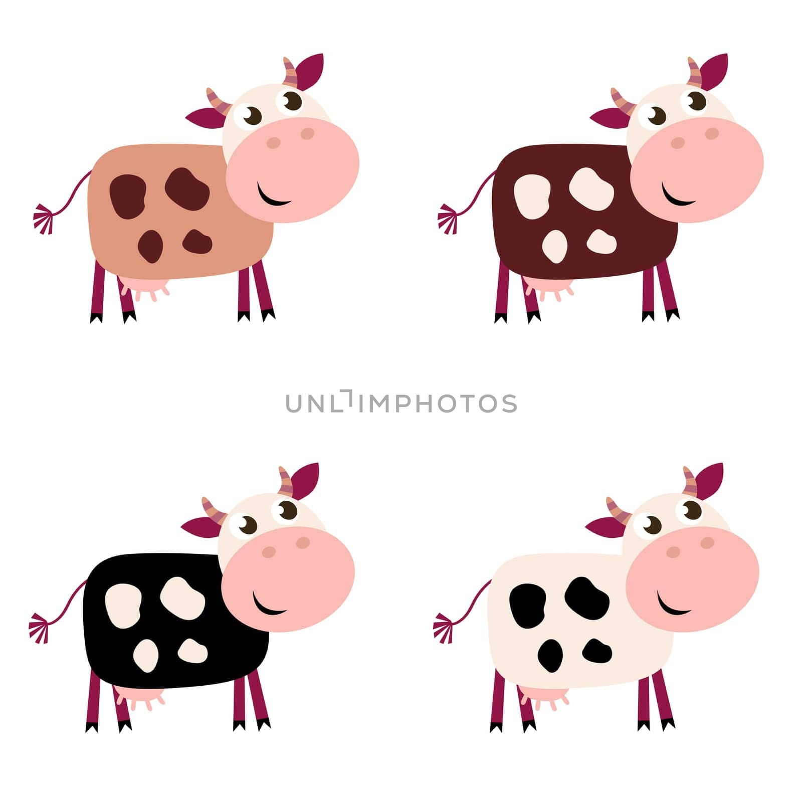 Vector collection of four happy Cow characters - isolated on white.