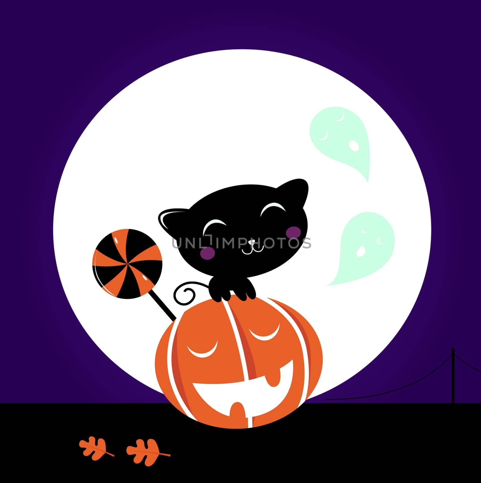 Cute stylized Cat character, Halloween Midnight scene. Vector cartoon Illustration.
