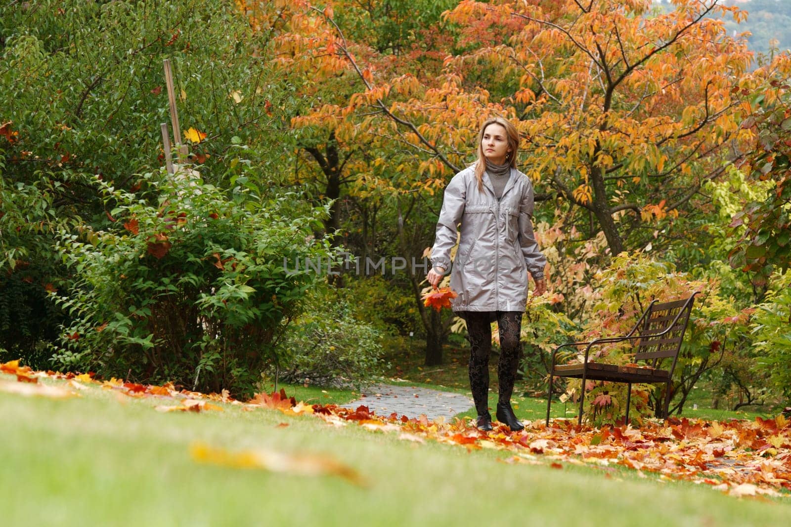 Beautiful girl goes on lane autumn park
