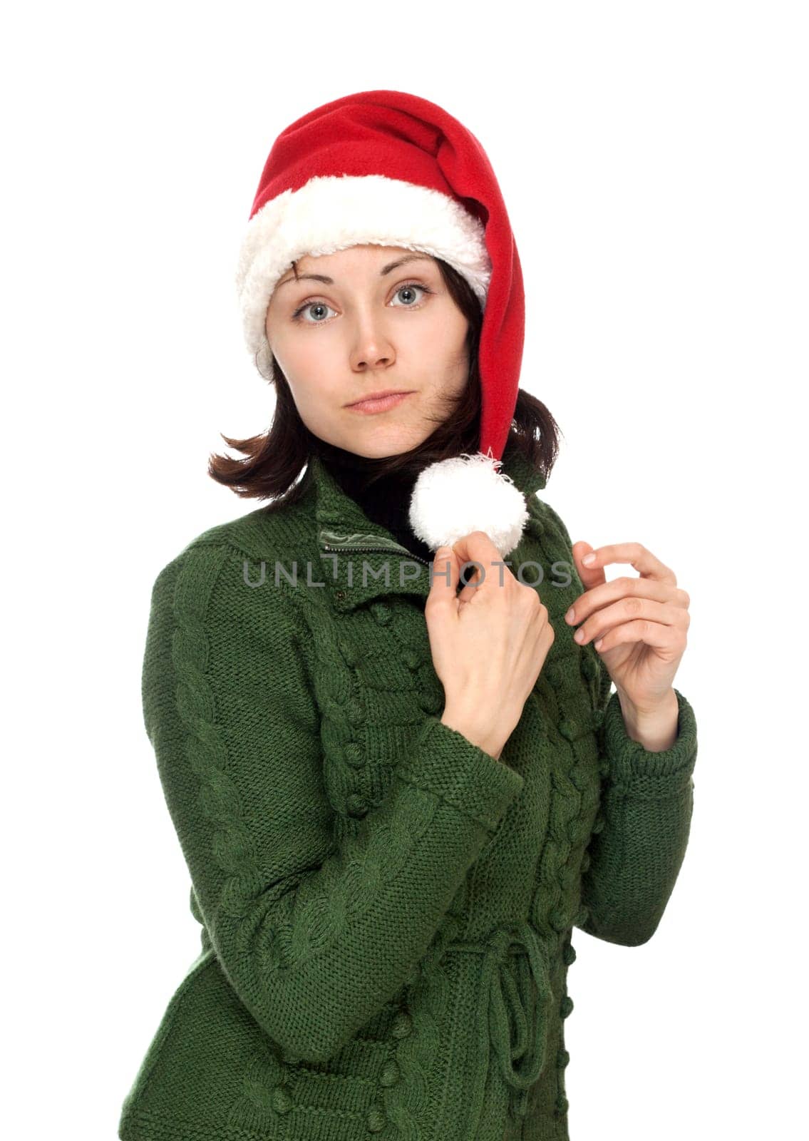 Girl in red cristmas hat on white background
