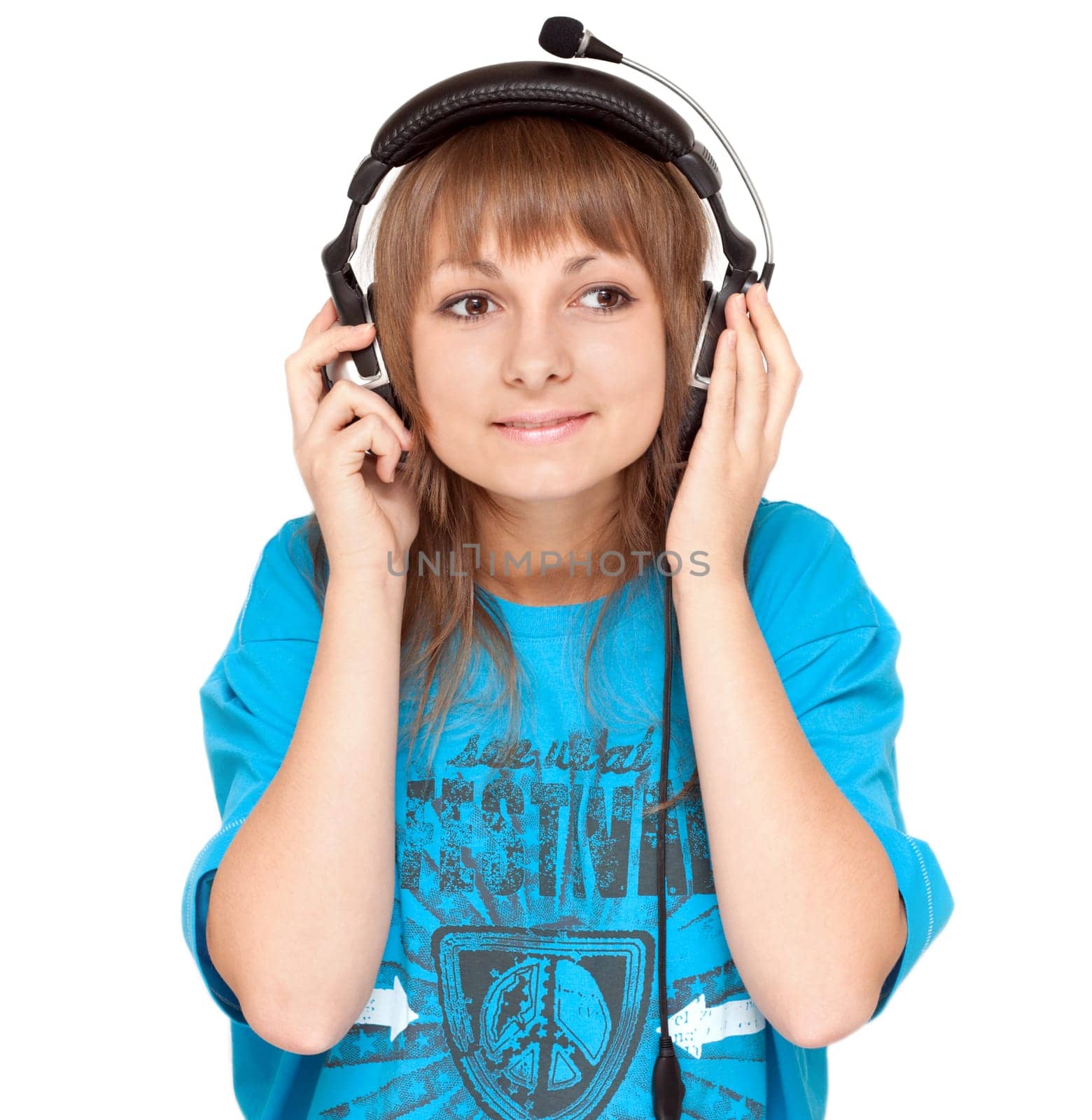 Girl in earphone smiles, portrait isolated on white
