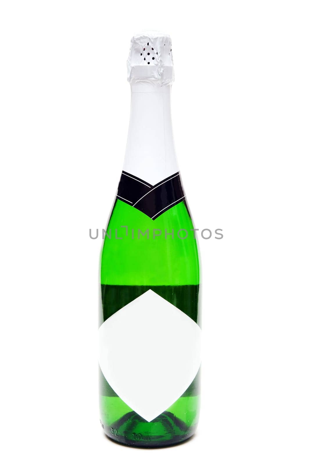 Bottle of champagne with a blank label on a white background