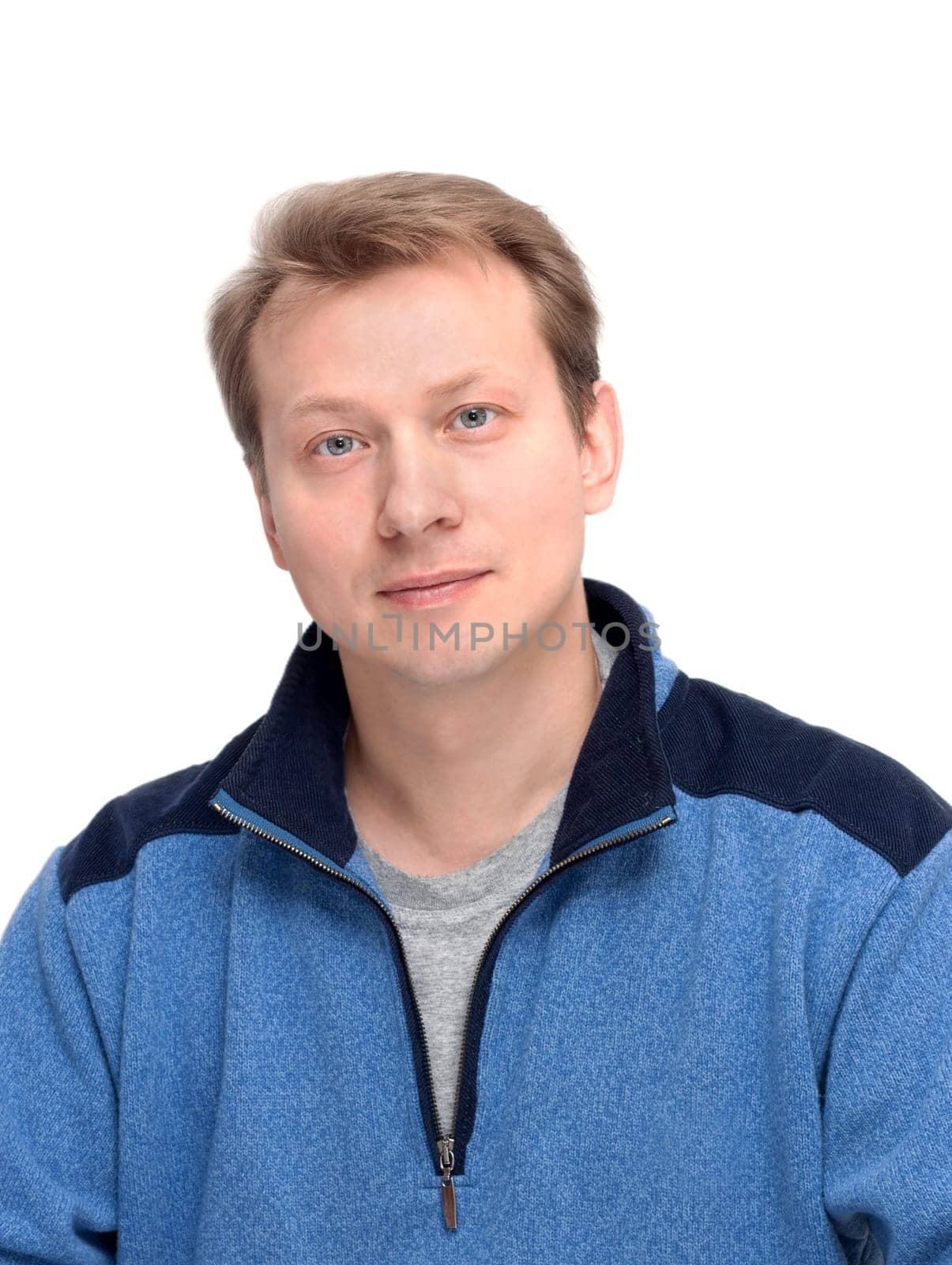 Portrait beautiful men, blond on white background