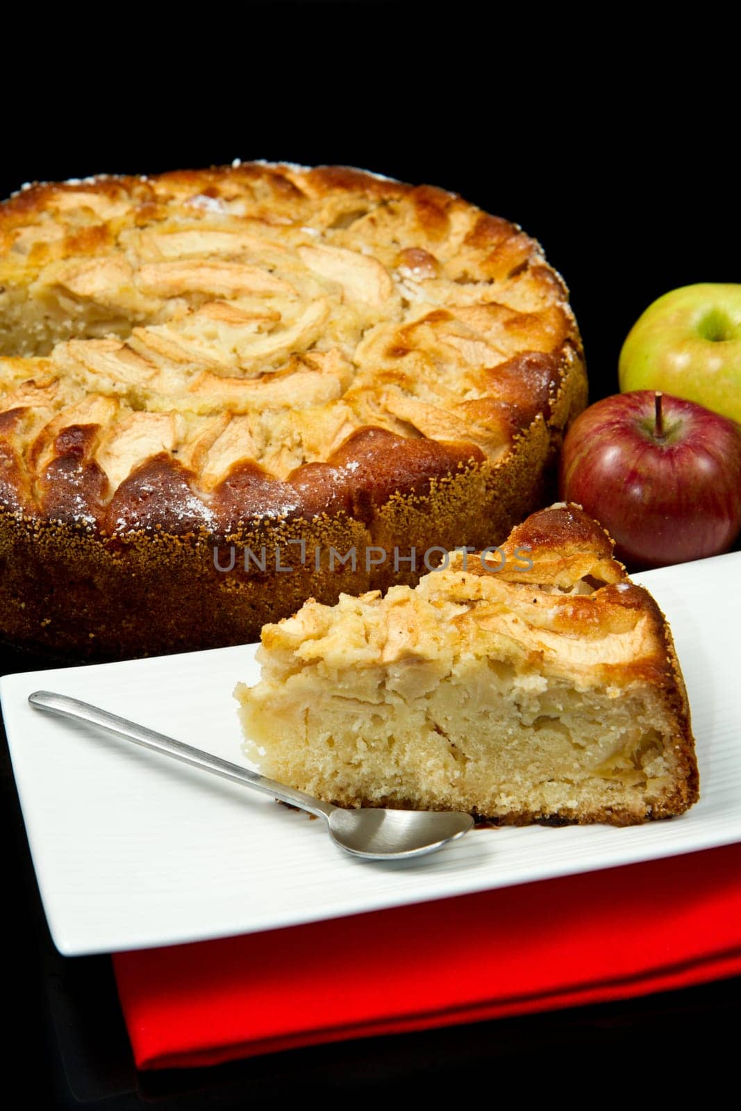 Apple Tart  with fresh apple on black background