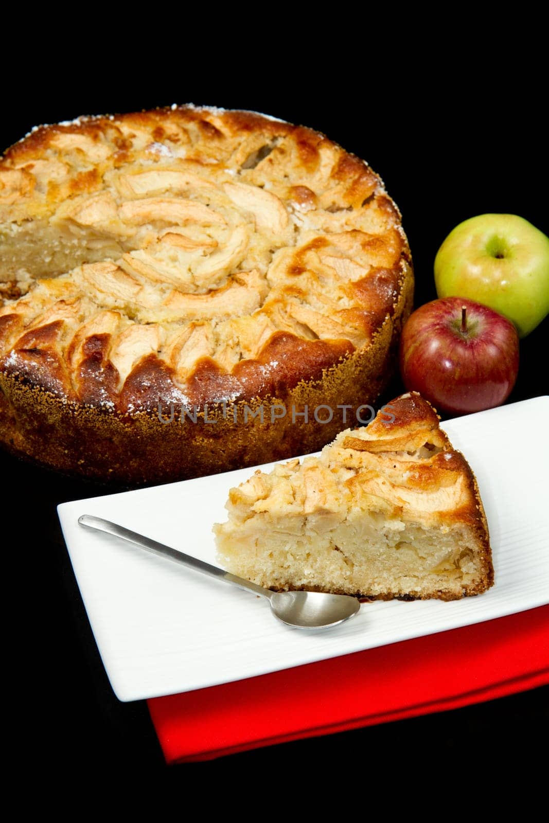 Apple Tart  with fresh apple on black background