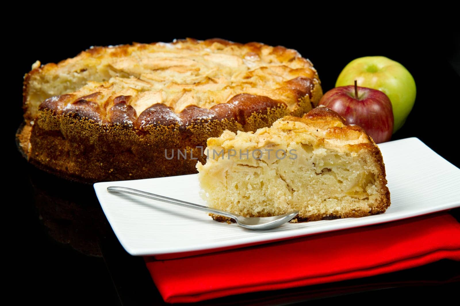 Apple Tart  with fresh apple on black background