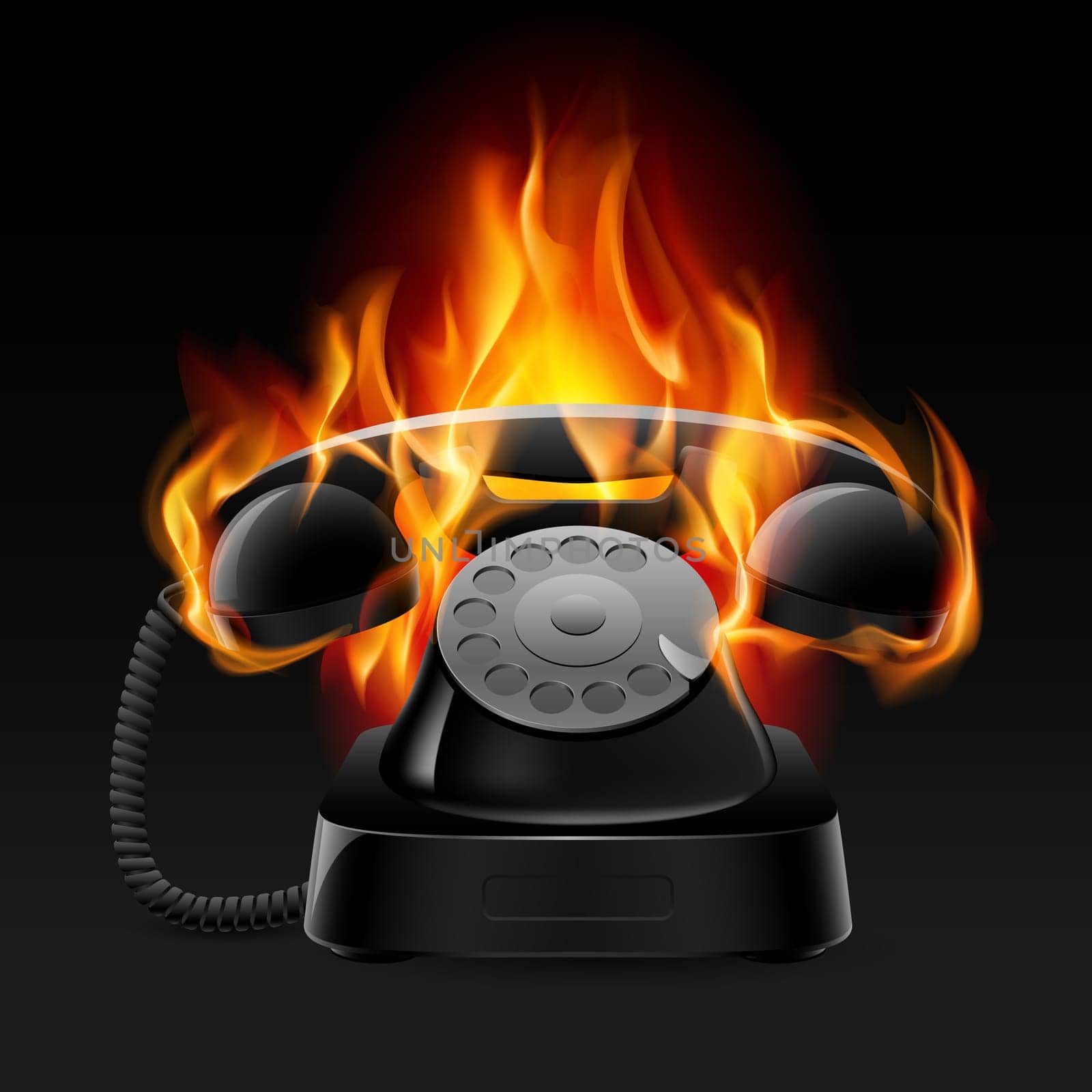 Realistic fire retro phone. Illustration of the designer on a black background