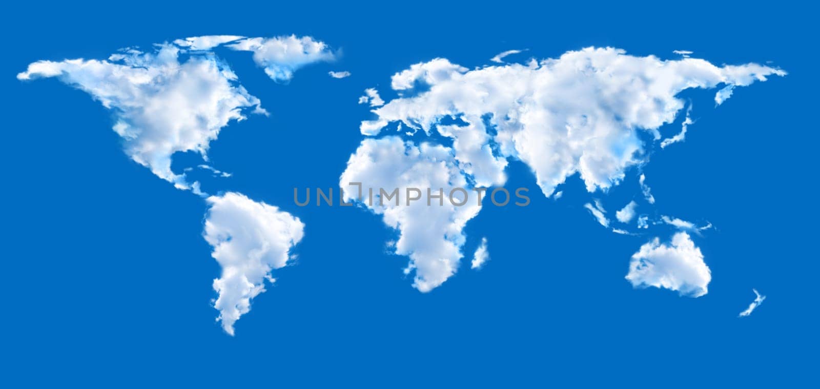 World map shaped clouds in the blue sky