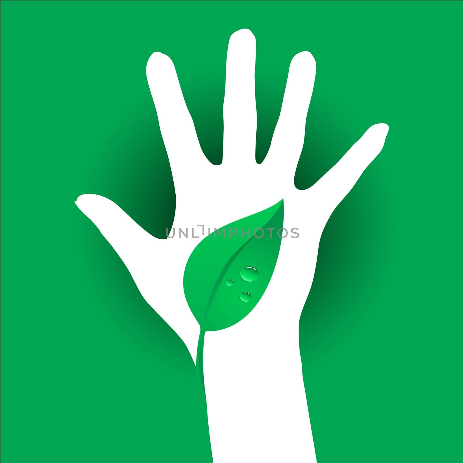 Hand and Leaf silhouette. Illustration on green background.