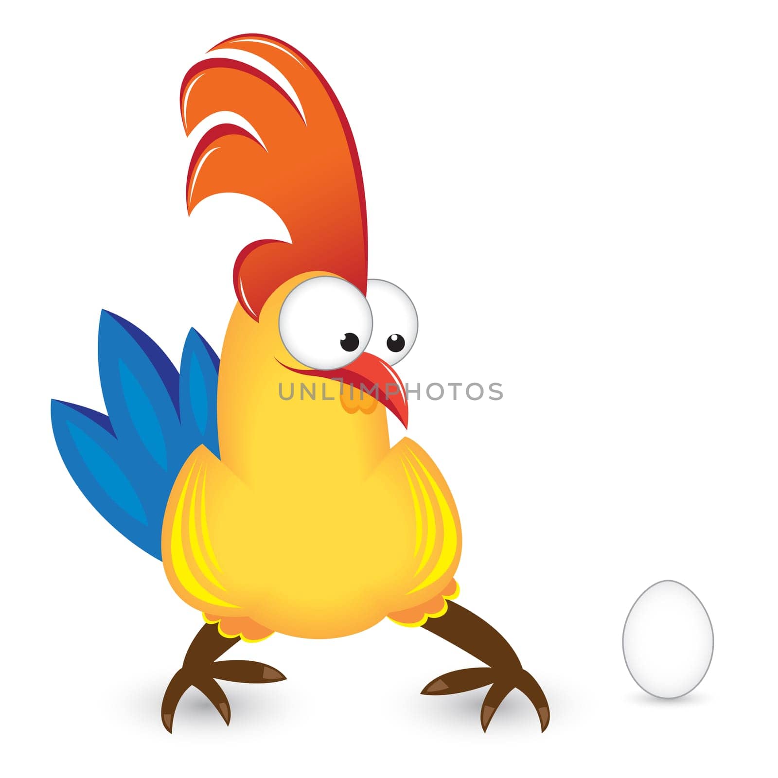 Illustration of isolated cartoon Cock with Egg on white background