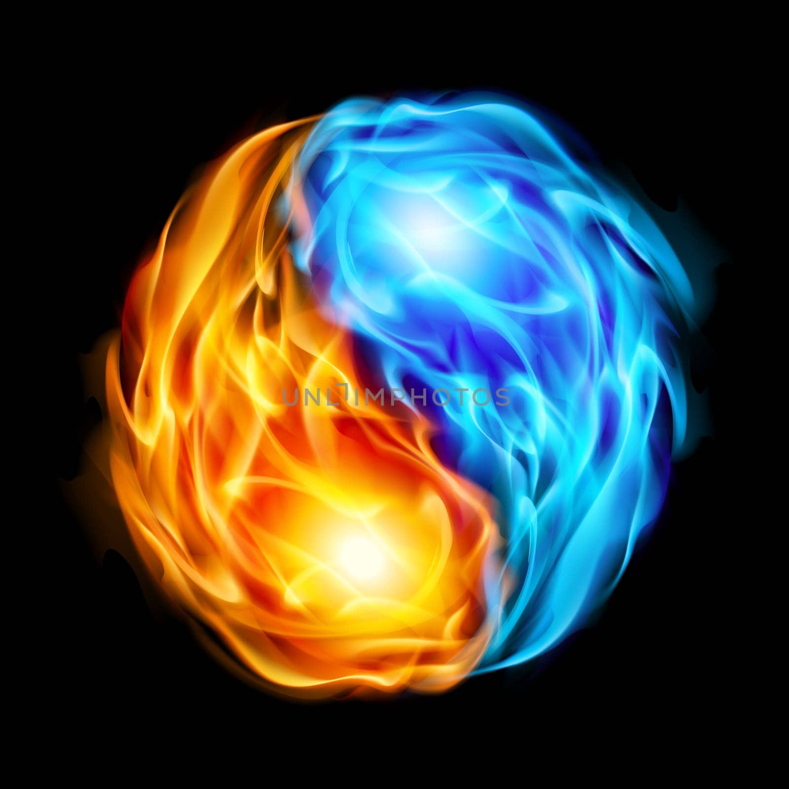 Symbol of yin and yang of the black background in the form of red and blue fire