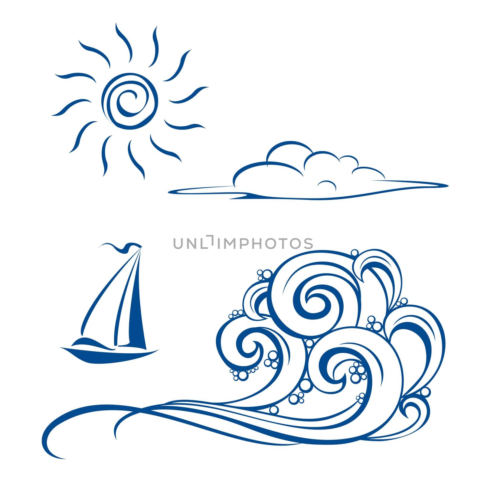 Boat waves, clouds and sun. Vector illustration on white