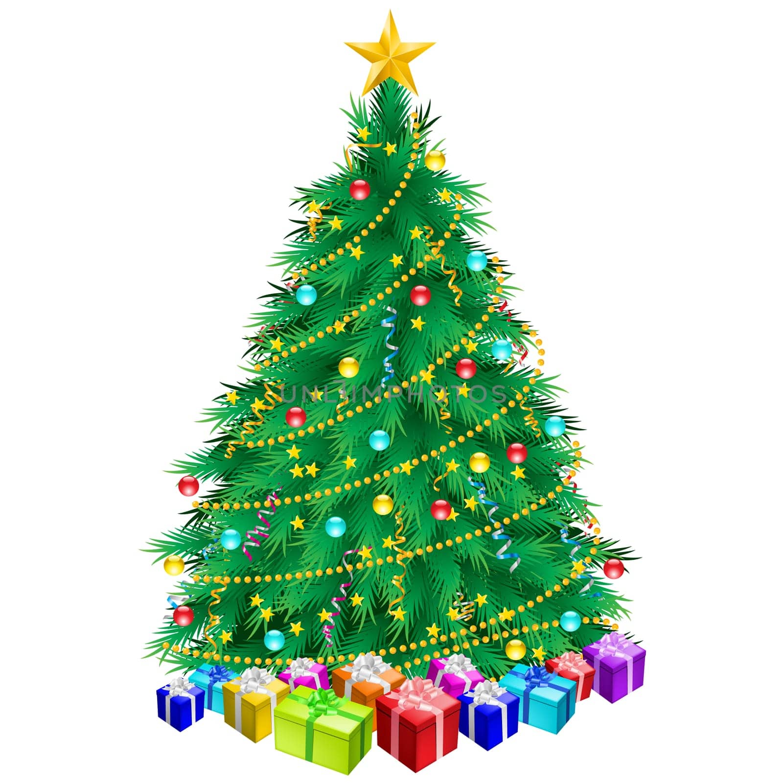Christmas tree and gifts. Illustration on white background