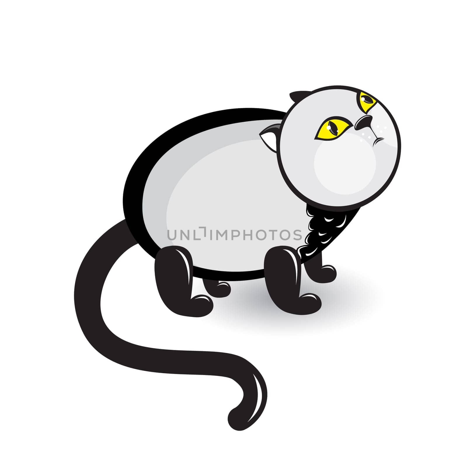 Cartoon gray cat with sad eyes. Illustration on white background
