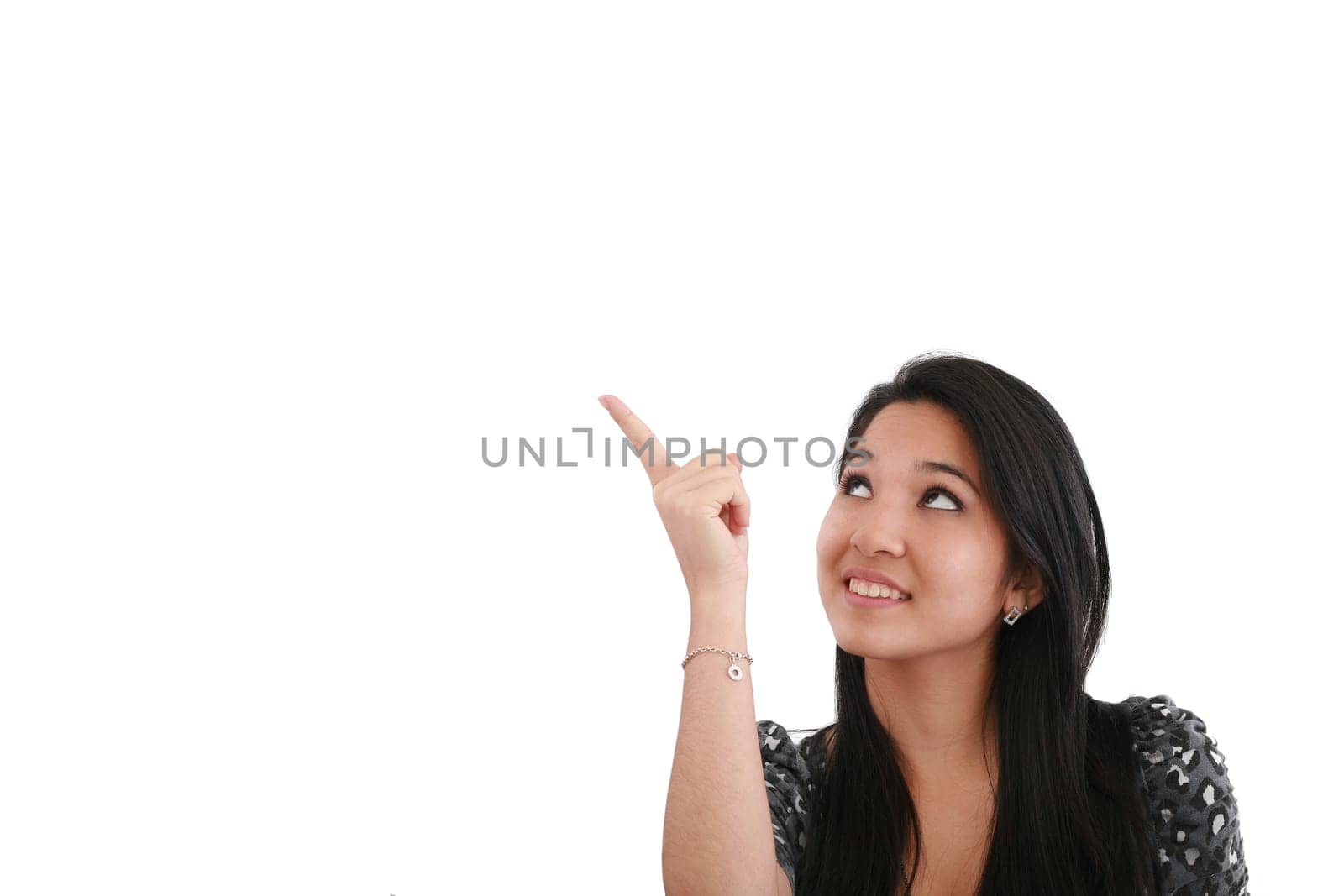 happy smiling young business woman showing blank area for sign or copyspase, isolated on white background