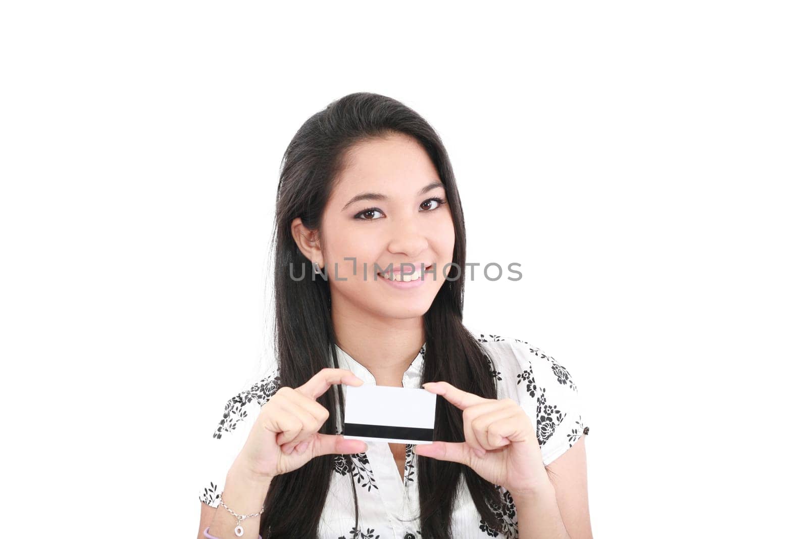 woman holding credit card isolated on white