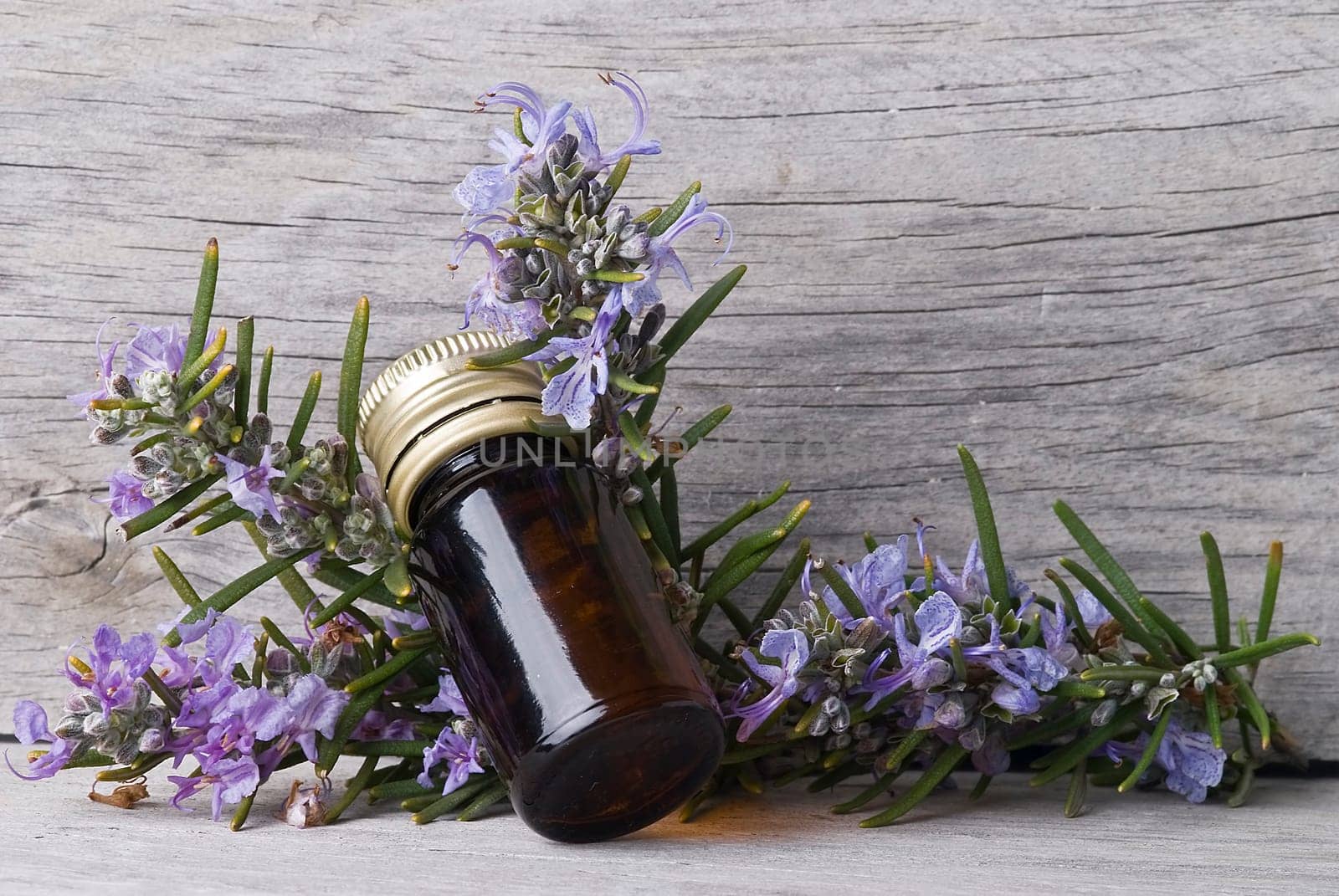 Rosemary branches and a bottle of rosemary essence on an old wooden shelf.