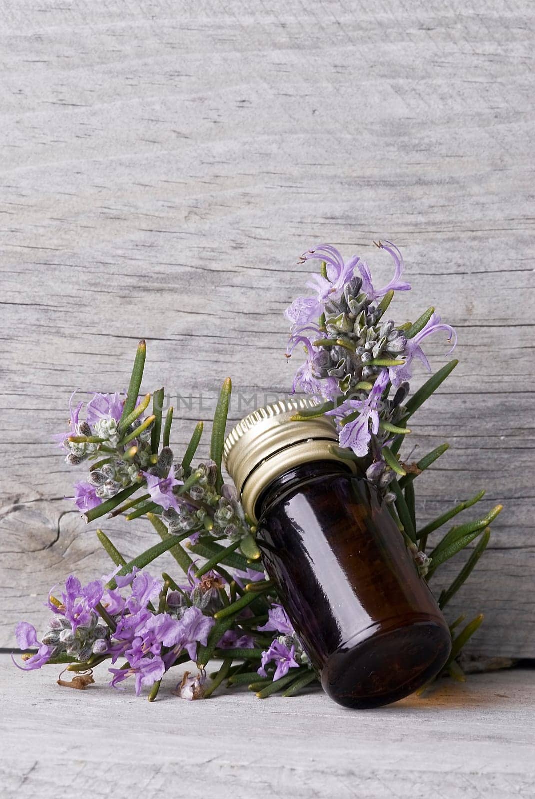 Rosemary branches and a bottle of rosemary essence on an old wooden shelf.