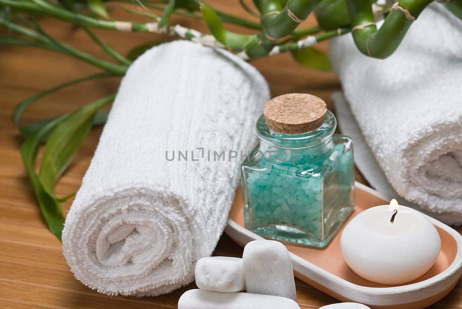 Still life about SPA with hygiene and decorative items.