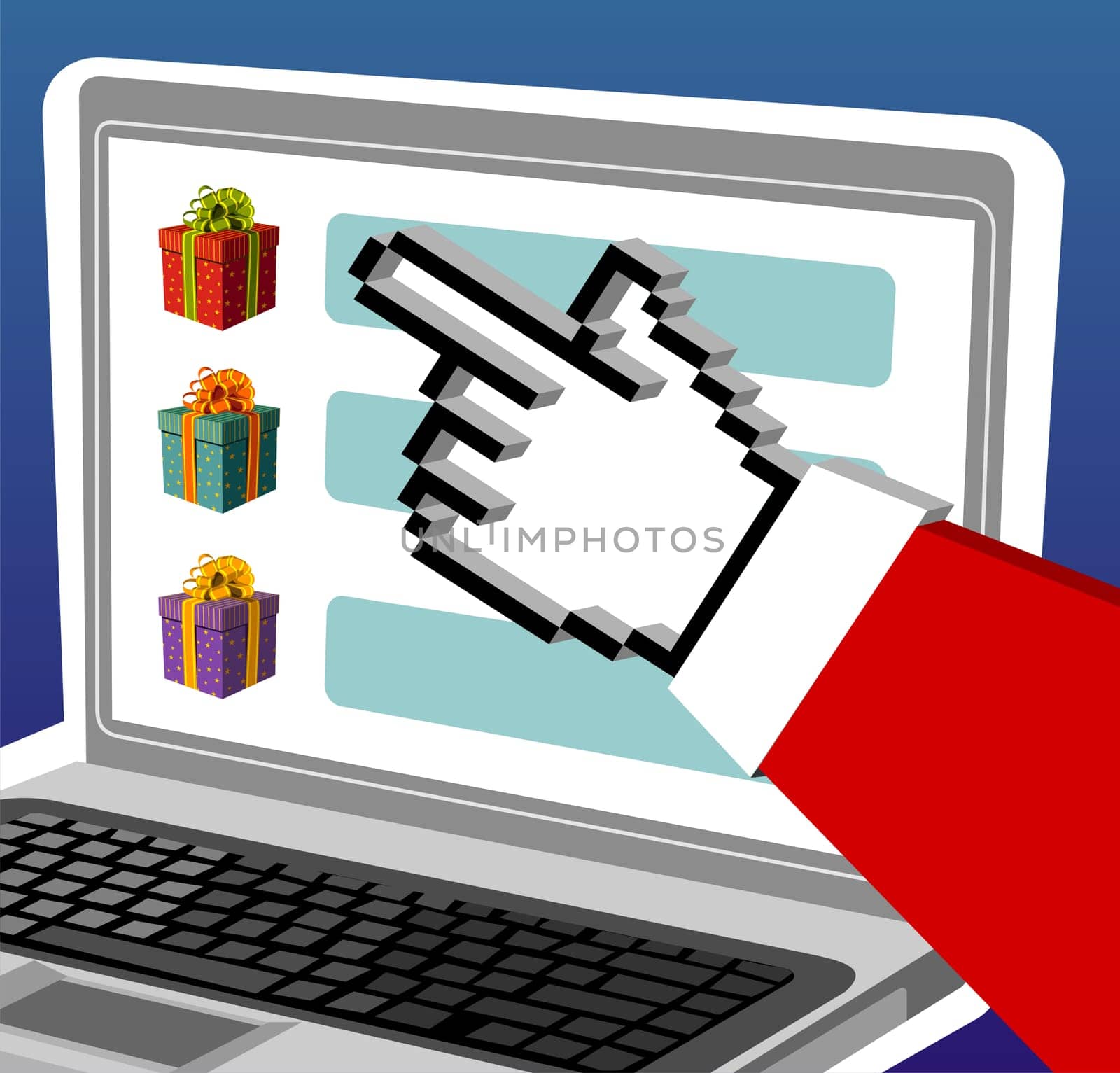 Christmas and e-commerce: Santa Claus e-buying gifts from a notebook.
