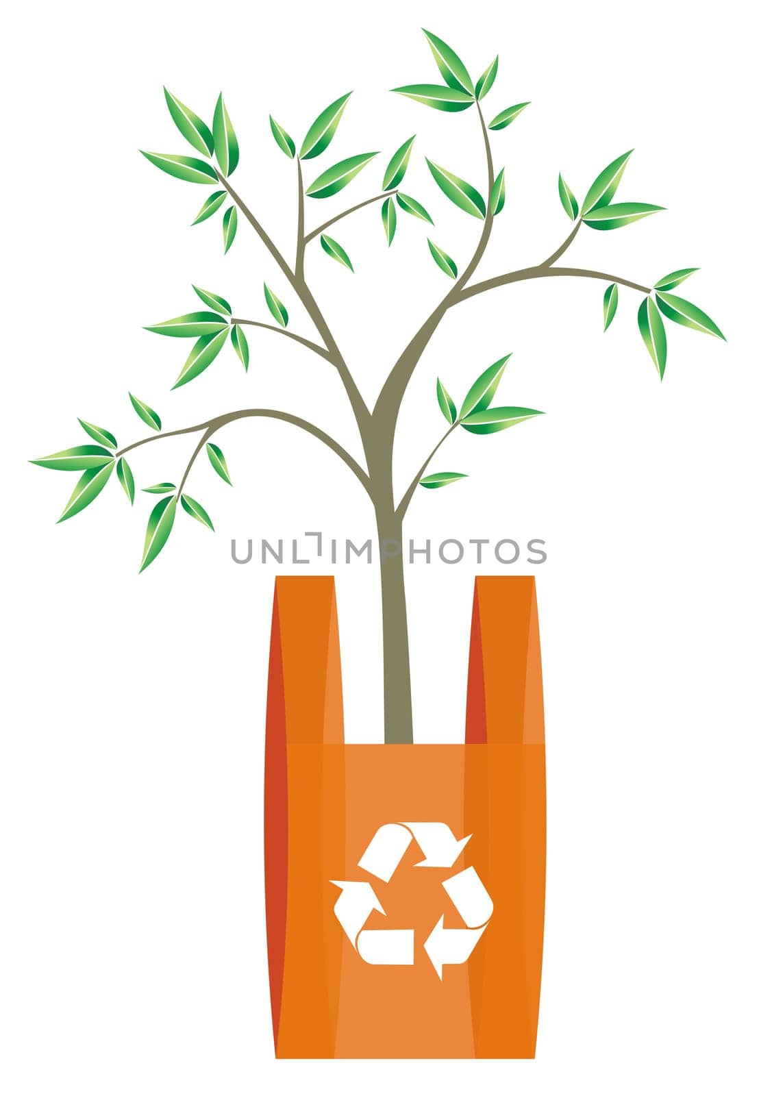 illustration of recycling arrows symbol in a bag with a tree inside. Metaphor of the importance of recycling plastics actitude