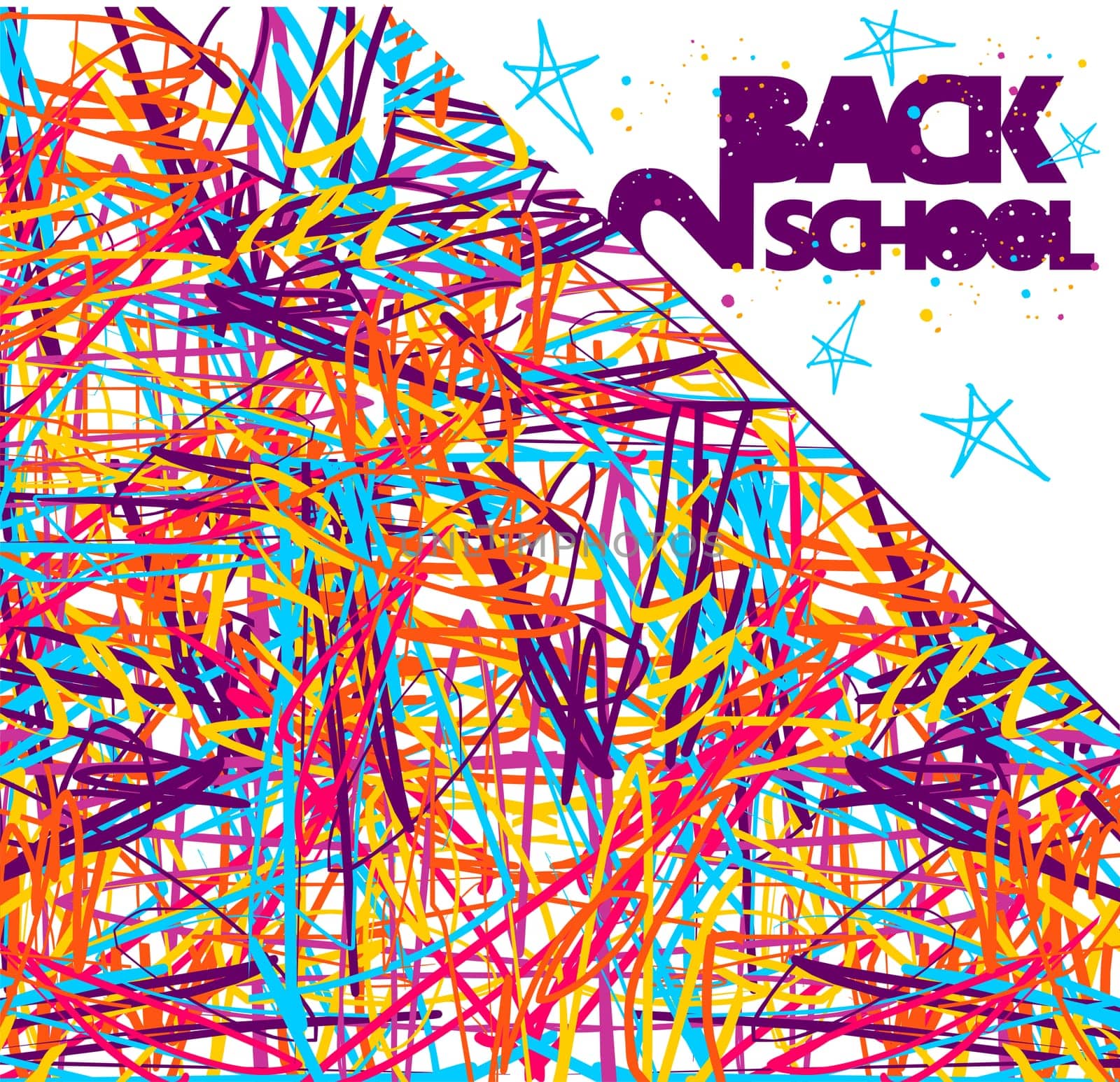 Back to school grunge background. Colorful texture of intersecting lines and blue stars on white