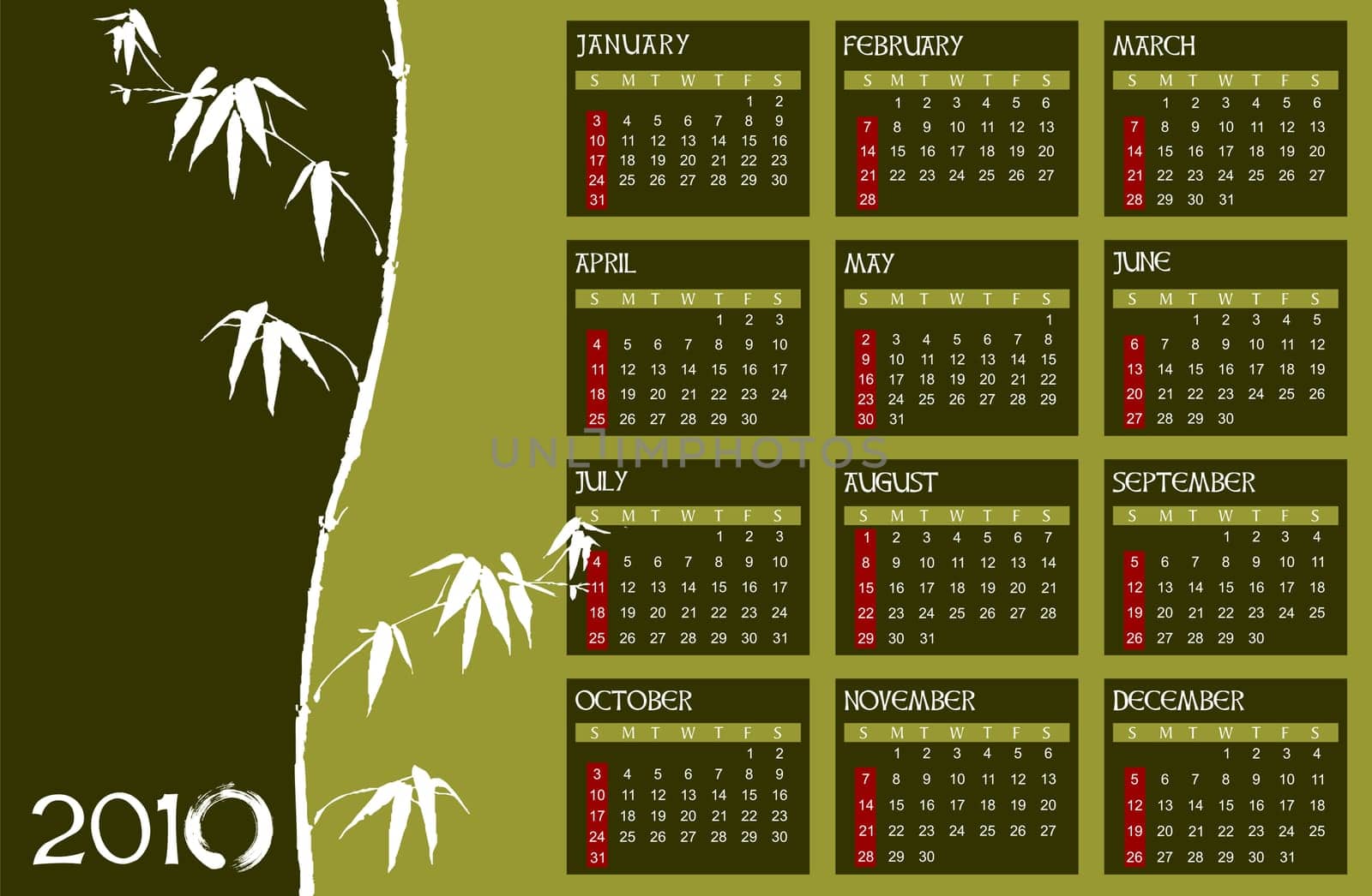 Calendar showing all months of 2010. Zen background. Vector available