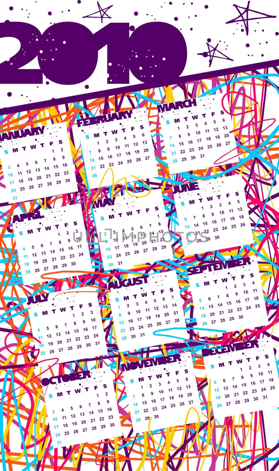 Calendar 2010 with all months shown. Grunge colored lines on white background. Vector available
