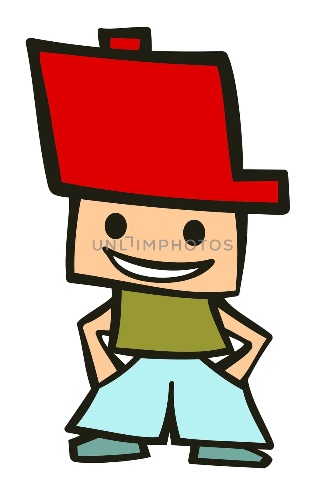 Friendly boy with his hands in his pockets and a big funny red hat. Suitable for comic or cartoon character. Vector available