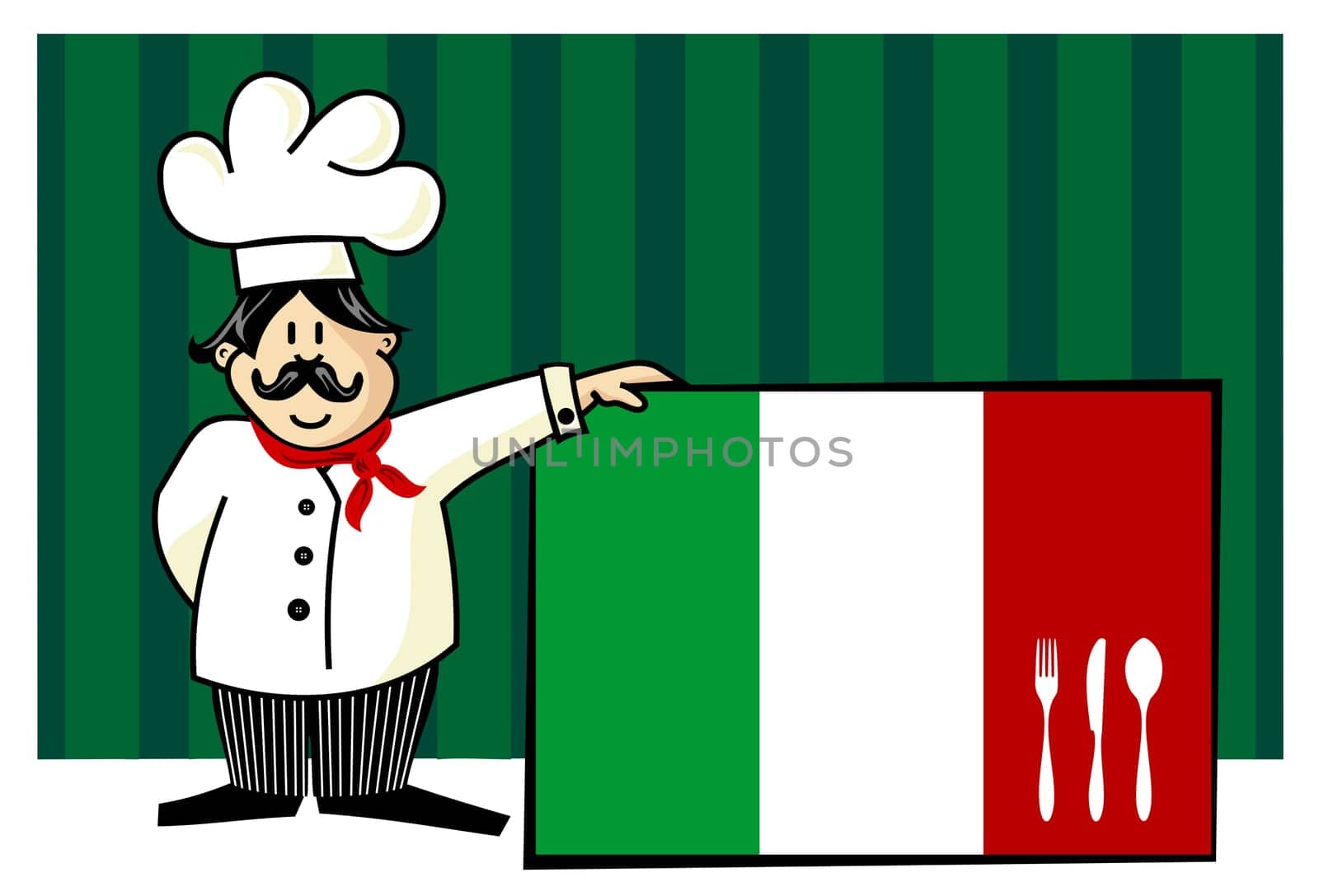 Chef of italian cuisine. Food, restaurant, menu design with cutlery silhouette on the country flag. Striped green background. Vector available