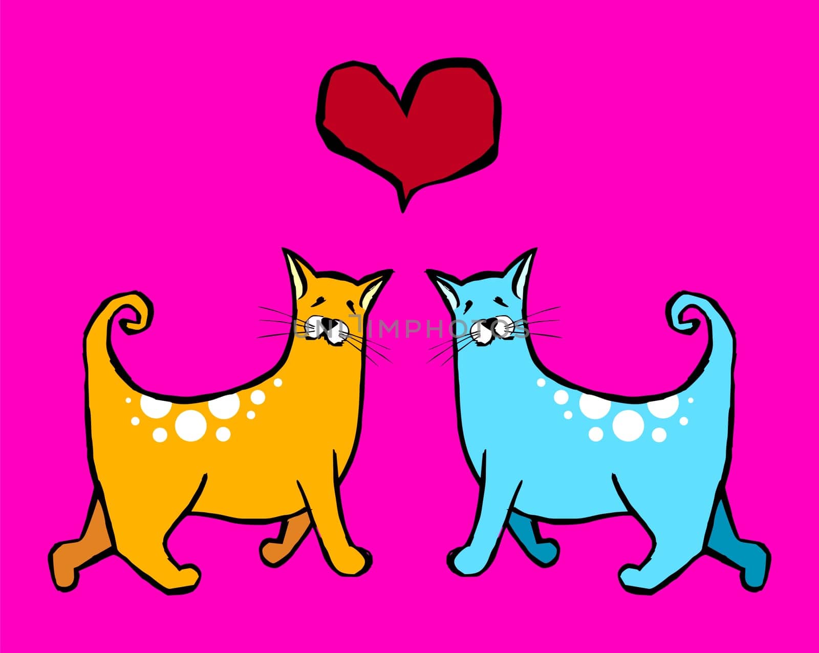 Couple of cats in love. Red heart above them on pink background