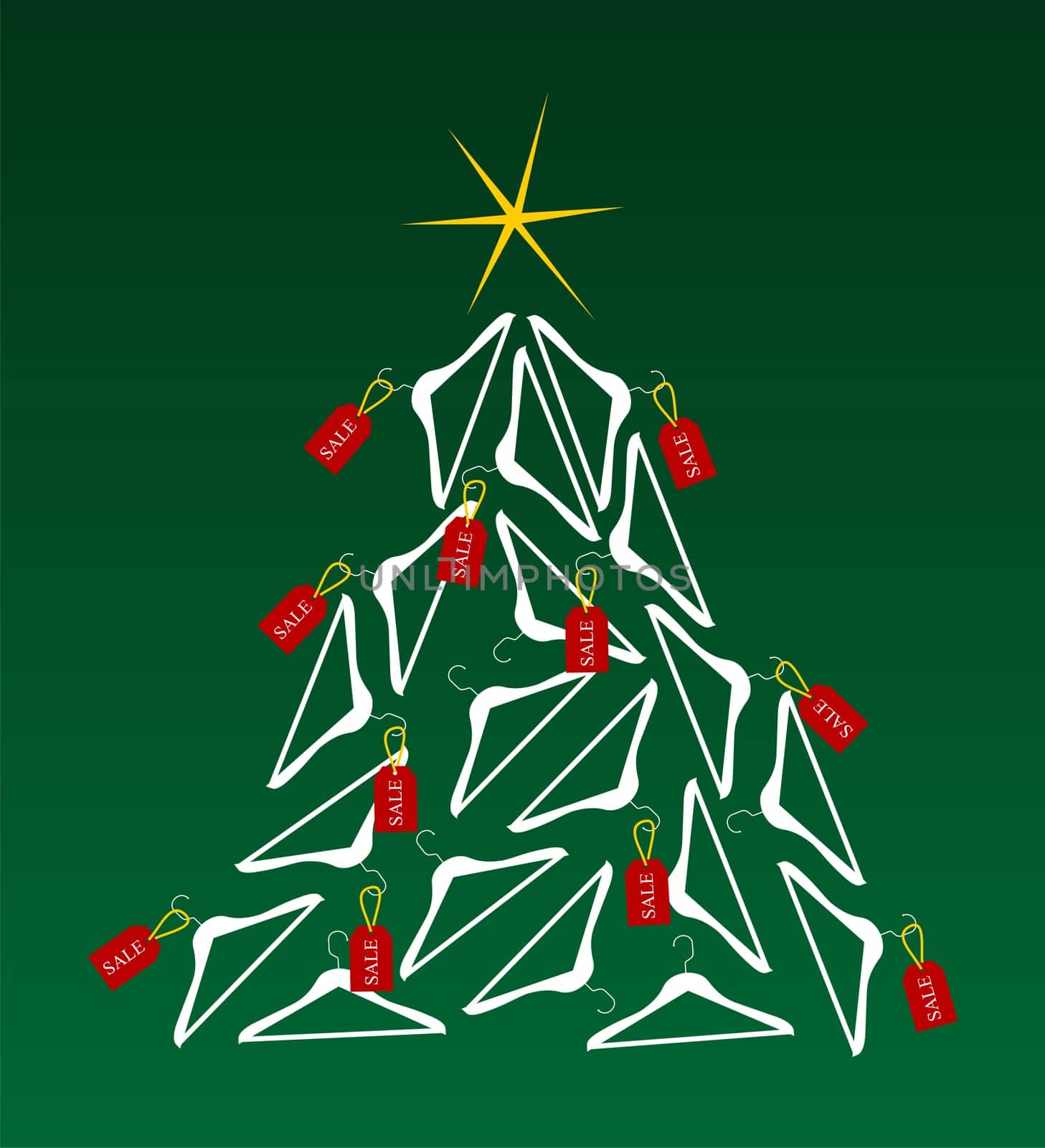 Christmas tree made of clothes hangers ornated with red sale labels. Yellow shiny star on top. Green background. Vector available