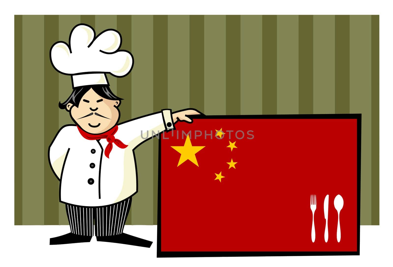 Chef of chinese cuisine. Food, restaurant, menu design with cutlery silhouette on the country flag. Striped green background. Vector available