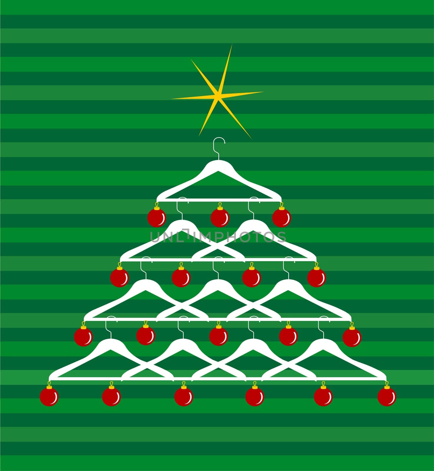 Christmas tree made of clothes hangers ornated with red balls. Yellow shiny star on top. Green striped background. Vector available